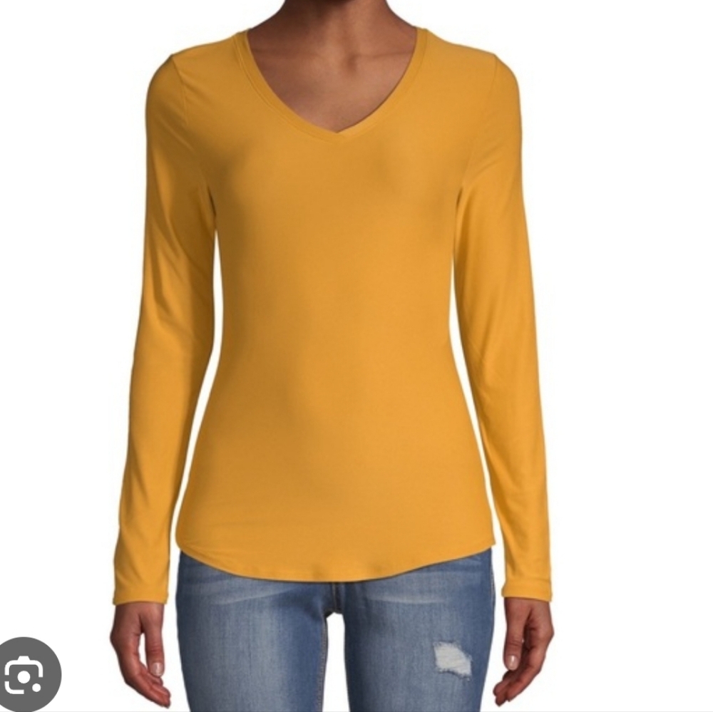 Time and Tru Mustard Yellow Long Sleeve Tee V-Neck Basic Fitted Top